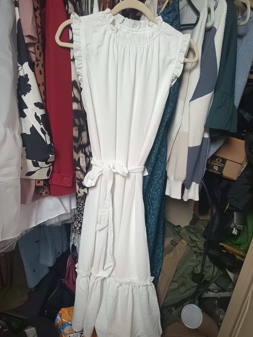 Cato White Ruffle-Neck Maxi Dress